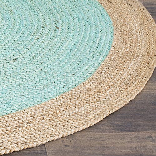 Safavieh Natural Fiber Round Collection NF801A Handmade Boho Braided Jute Area Rug, 6' x 6' Round, Aqua