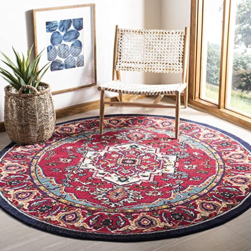 SAFAVIEH Monaco Collection MNC207C Boho Oriental Medallion Non-Shedding Dining Room Entryway Foyer Living Room Bedroom Area Rug, 6'7" x 6'7" Round, Red / Turquoise