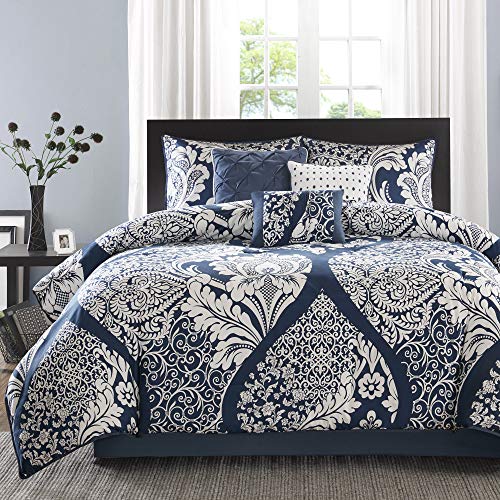 Madison Park Sateen Cotton Comforter Set-Traditional Luxe Design All Season Lightweight Bedding, Shams, Bedskirt, Decorative Pillows, California King (104 in x 92 in), Vienna, Damask Indigo 7 Piece