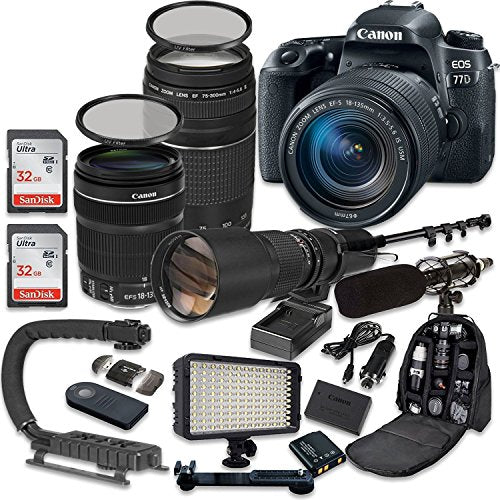 Canon EOS 77D DSLR Camera Bundle with Canon EF-S 18-135mm f/3.5-5.6 is USM Lens + Canon EF 75-300mm f/4-5.6 III Lens + 500mm f/8 Preset Lens + Accessory Kit