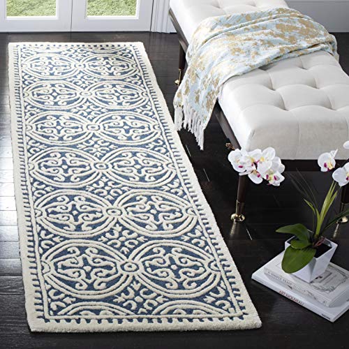 Safavieh Cambridge Collection CAM123G Handmade Moroccan Wool Runner, 2'6" x 18', Navy Blue/Ivory