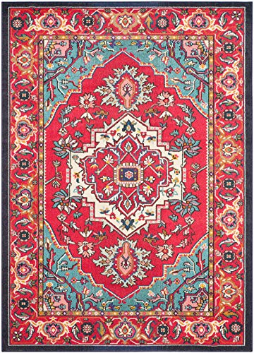 Safavieh Monaco Collection MNC207C Modern Oriental Medallion Red and Turquoise Distressed Area Rug (11' x 15')