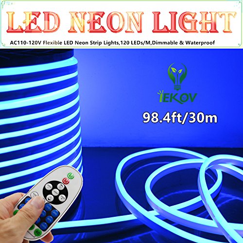 LED NEON Light IEKOV AC 110-120V Flexible Strip120 LEDs/M Dimmable Waterproof 2835 SMD LED Rope Remote Controller 98.4ft/30m