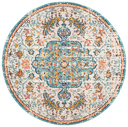 Safavieh Madison Collection MAD447K Boho Chic Vintage Medallion Distressed Area Rug, 9' Round, Navy/Light Blue