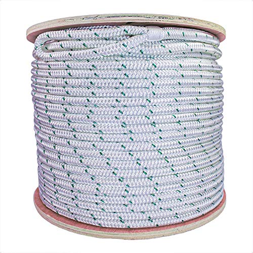 SGT KNOTS Double Braid Polyester Pulling Rope with Eye Loop for Marine & Winching (7/8" x 1200ft, White w Green Tracers)