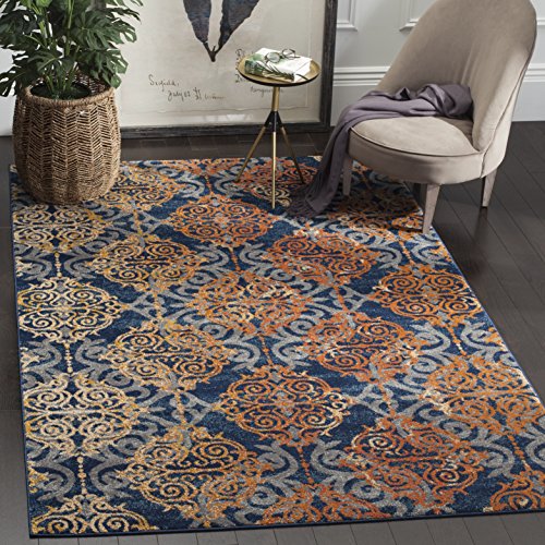 SAFAVIEH Evoke Collection EVK230S Medallion Damask Non-Shedding Living Room Bedroom Dining Home Office Area Rug, 6'7" x 6'7" Square, Blue / Orange