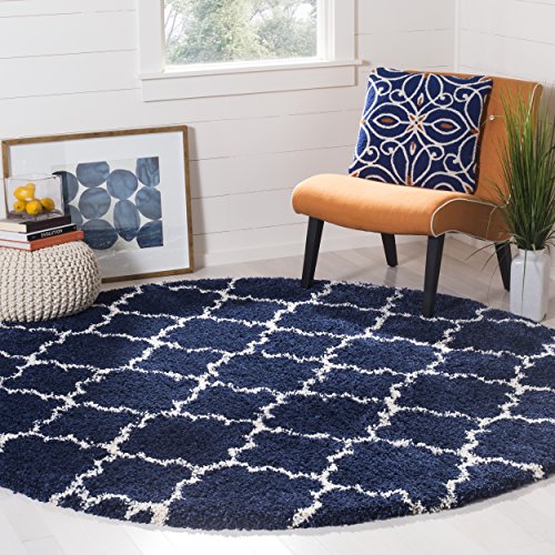 SAFAVIEH Hudson Shag Collection SGH282C Moroccan Trellis Non-Shedding Living Room Bedroom Dining Room Entryway Plush 2-inch Thick Area Rug, 7' x 7' Round, Navy / Ivory