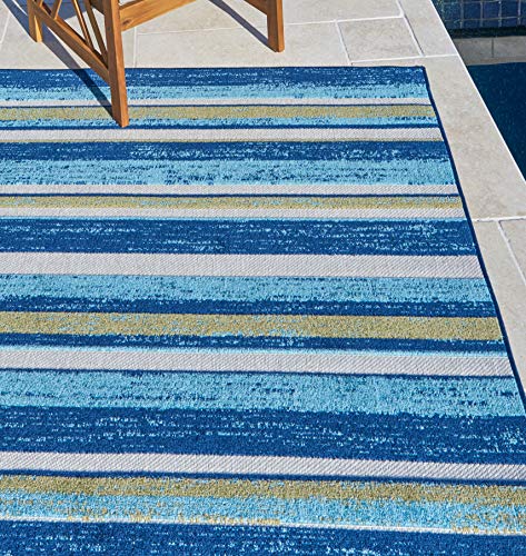 Gertmenian Indoor Outdoor Rug Outside Patio Textural Carpet, 8x10 Large, Stripes Green Royal Blue