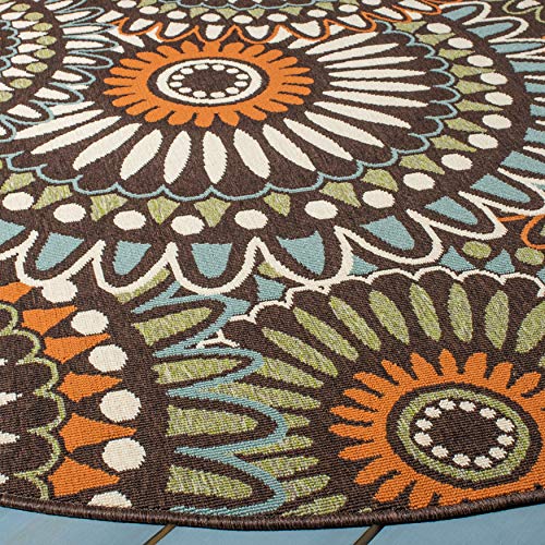 SAFAVIEH Veranda Collection 6'7" x 6'7" Round Chocolate / Terracotta VER091 Boho Floral Indoor/ Outdoor Non-Shedding Easy Cleaning Patio Backyard Porch Deck Mudroom Area Rug