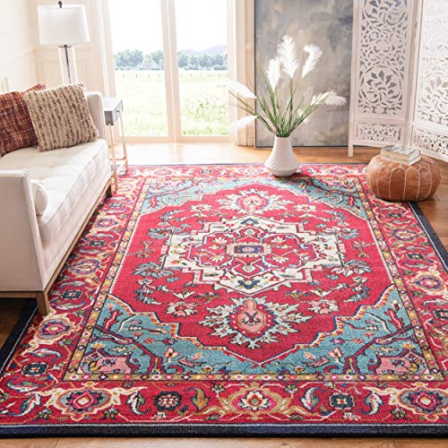 Safavieh Monaco Collection MNC207C Modern Oriental Medallion Red and Turquoise Distressed Area Rug (11' x 15')