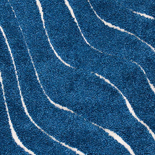 SAFAVIEH Florida Shag Collection SG472 Abstract Wave Non-Shedding Living Room Bedroom Dining Room Entryway Plush 1.2-inch Thick Area Rug, 5'3" x 7'6", Dark Blue / Cream