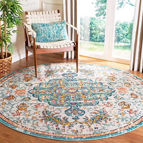 Safavieh Madison Collection MAD447K Boho Chic Vintage Medallion Distressed Area Rug, 9' Round, Navy/Light Blue