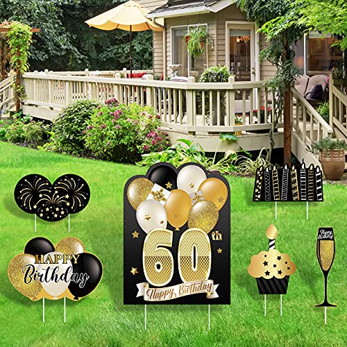 KUUQA 6Pcs 60th Happy Birthday Yard Sign with Stakes, Birthday Lawn Sign Birthday Outdoor Yard Sign Gold Happy Birthday Party Decorations
