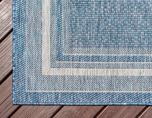 Unique Loom Outdoor Collection Transitional Indoor & Outdoor Casual Solid Tonal Border Area Rug, 7 x 10 ft, Blue/Beige