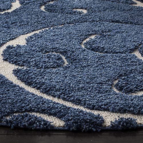 SAFAVIEH Florida Shag Collection SG455 Scrolling Vine Graceful Swirl Textured Non-Shedding Living Room Bedroom Dining Room Entryway Plush 1.2-inch Thick Area Rug, 6'7" x 6'7" Round, Dark Blue / Cream