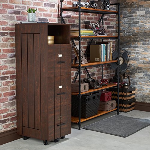 Furniture of America Gillian Rustic 1 Open Top Shelf, Plank-Style File Cabinet with 3-Drawer and Caster Wheels Base, Vintage Walnut