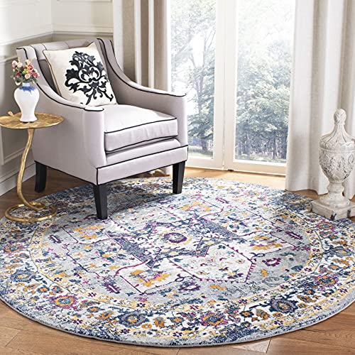 SAFAVIEH Evoke Collection EVK275G Oriental Medallion Distressed Non-Shedding Dining Room Entryway Foyer Living Room Bedroom Area Rug, 6'7" x 6'7" Round, Grey / Navy