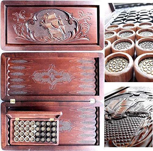 20" Luxury Wooden Backgammon *SHIP CARVED* + Leather Backgammon Set Tournament Board