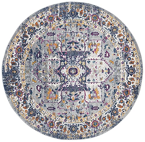 SAFAVIEH Evoke Collection EVK275G Oriental Medallion Distressed Non-Shedding Dining Room Entryway Foyer Living Room Bedroom Area Rug, 6'7" x 6'7" Round, Grey / Navy