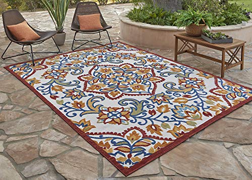 Gertmenian 21611 Indoor Outdoor Rug Textured Outside Patio Textural Carpet, 5.25x7 Standard, Floral Medallion Orange Red