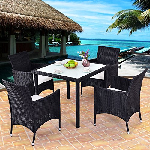 Tangkula 5PCS Patio Wicker Dining Set, Rattan Table  4Chairs Cushioned Seat w/ Removable Cushions Black